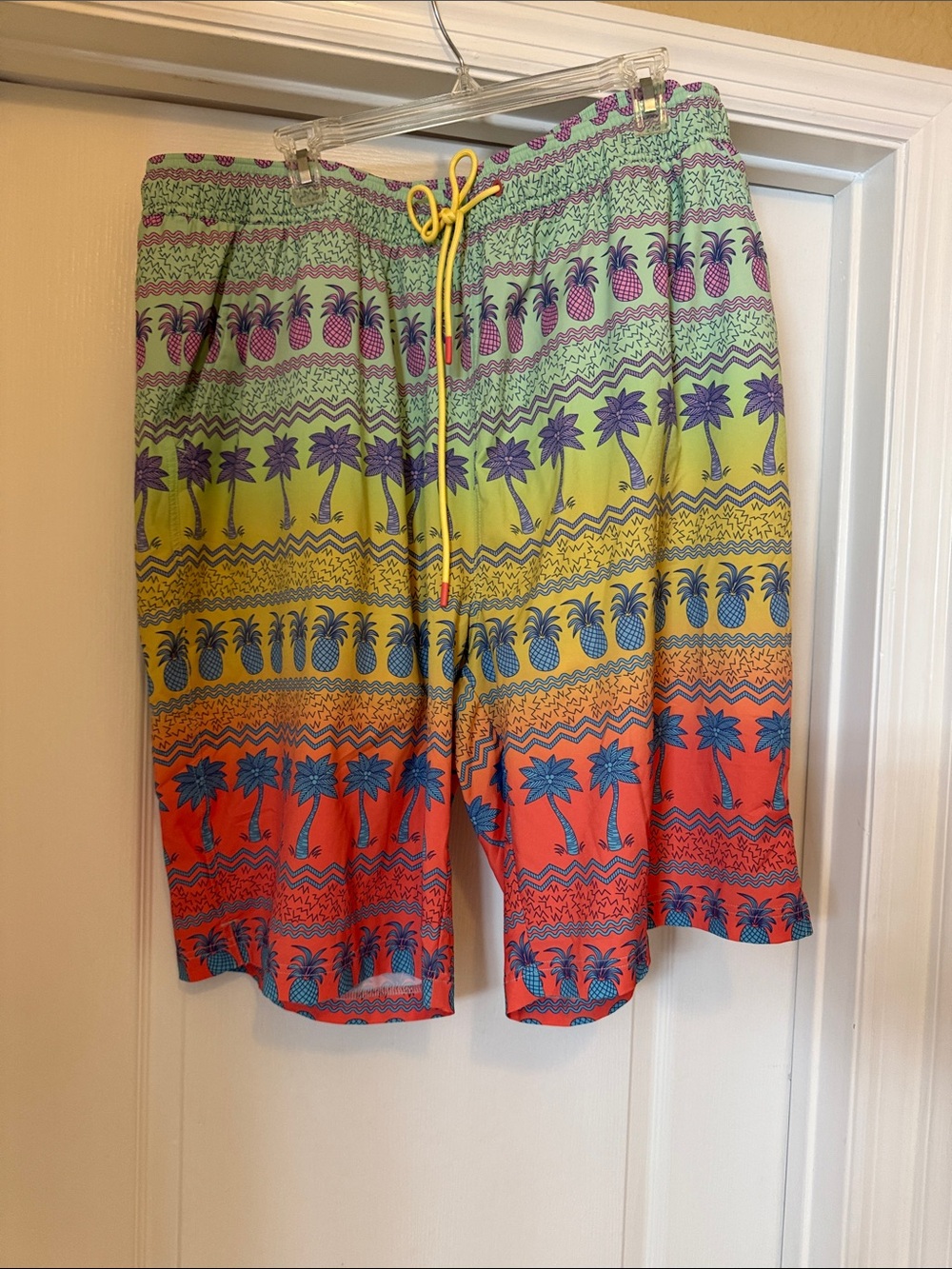 Caribbean Men's Rainbow Tropical Swim Shorts with Yellow Drawstring